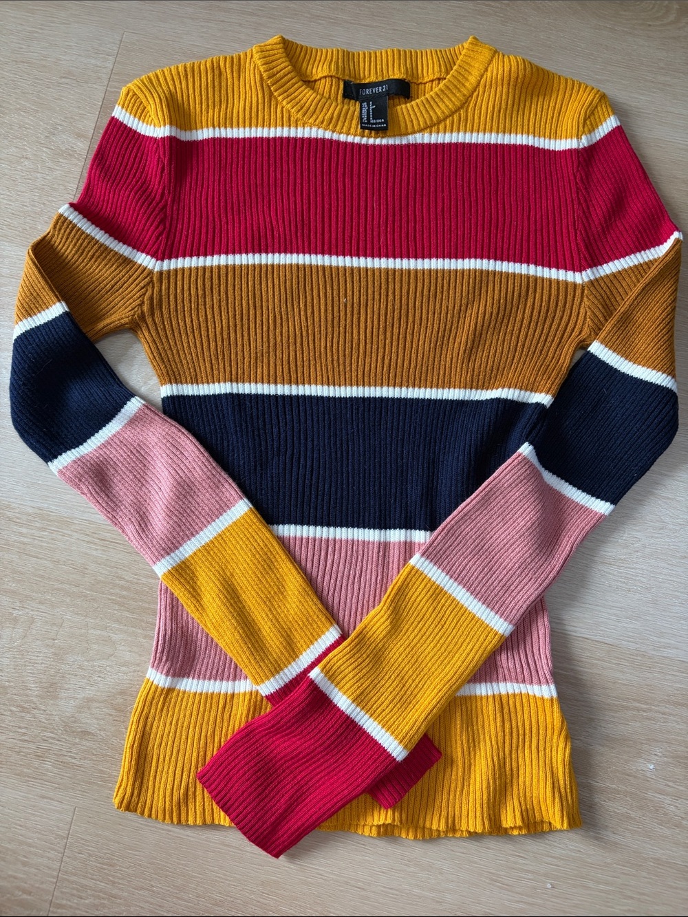 Forever 21 Multicolor Striped Ribbed Sweater - Mustard, Red, Navy, Pink